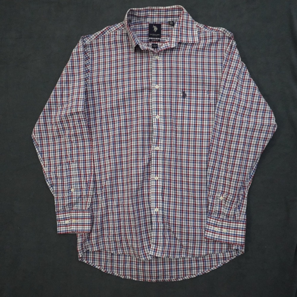 US Polo Assn Mens Slim Fit Plaid Button Down Shirt Red White Blue Large 16-16.5